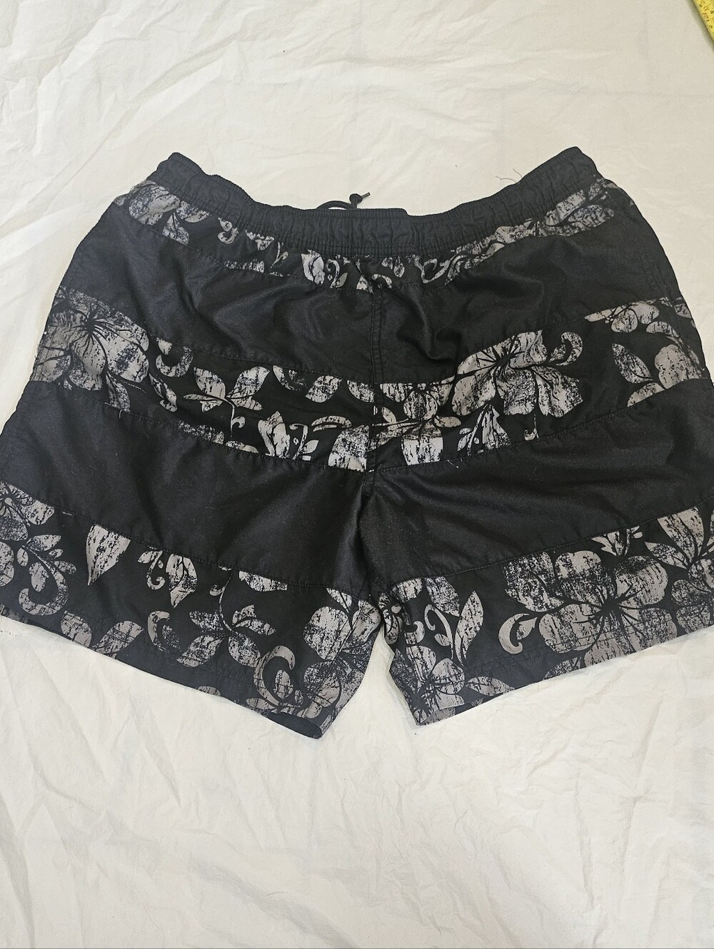 Islander Mens XL Swim Trunks Black Gray Floral Beach Board Shorts Drawstring